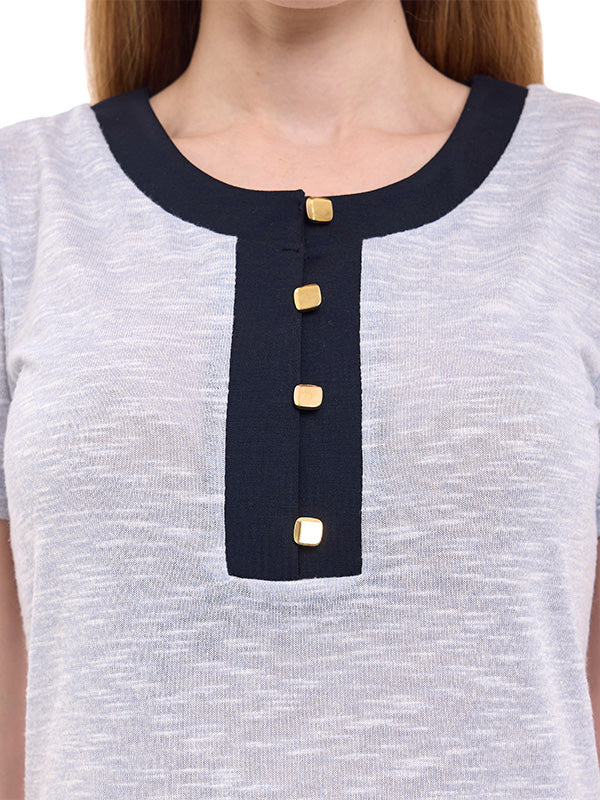 Blusa de Jersey Liso con Botones y Cuello Redondo