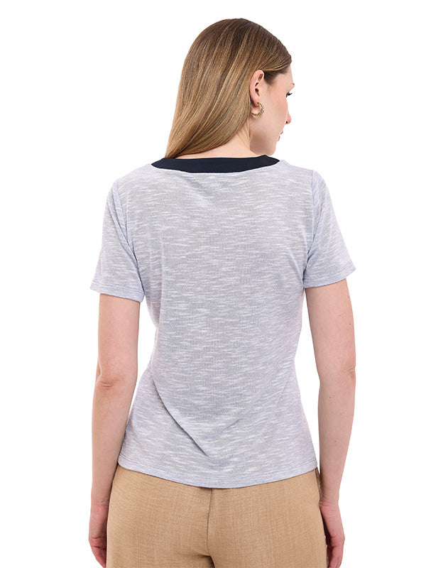 Blusa de Jersey Liso con Botones y Cuello Redondo
