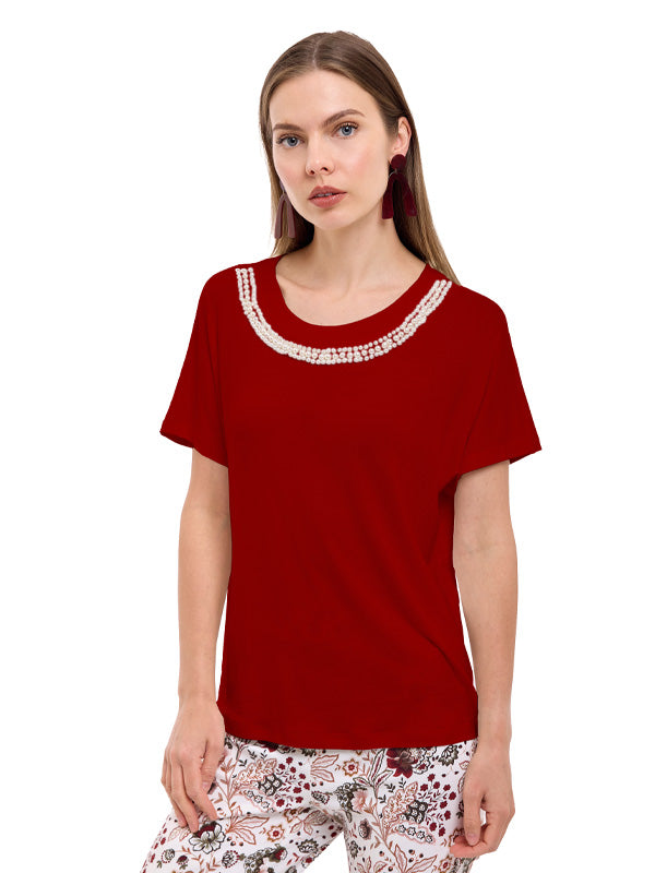 Blusa de Jersey Lisa con Aplicación Decorativa y Manga Corta