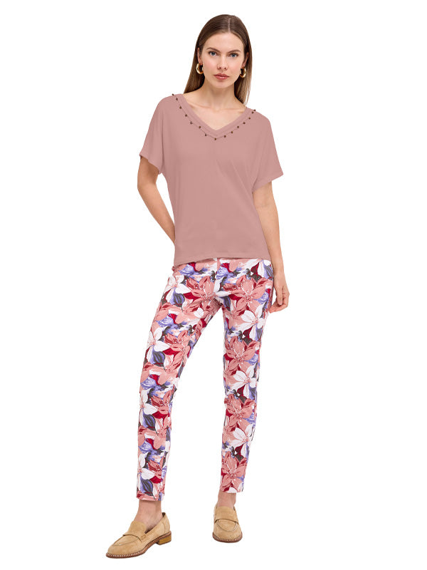 Blusa de Jersey Lisa con Escote V, Manga Corta y Aplicación Decorativa