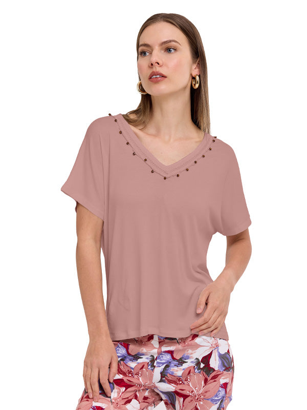 Blusa de Jersey Lisa con Escote V, Manga Corta y Aplicación Decorativa