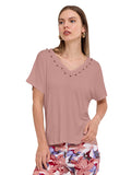 Blusa de Jersey Lisa con Escote V, Manga Corta y Aplicación Decorativa