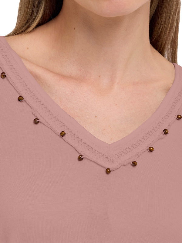 Blusa de Jersey Lisa con Escote V, Manga Corta y Aplicación Decorativa