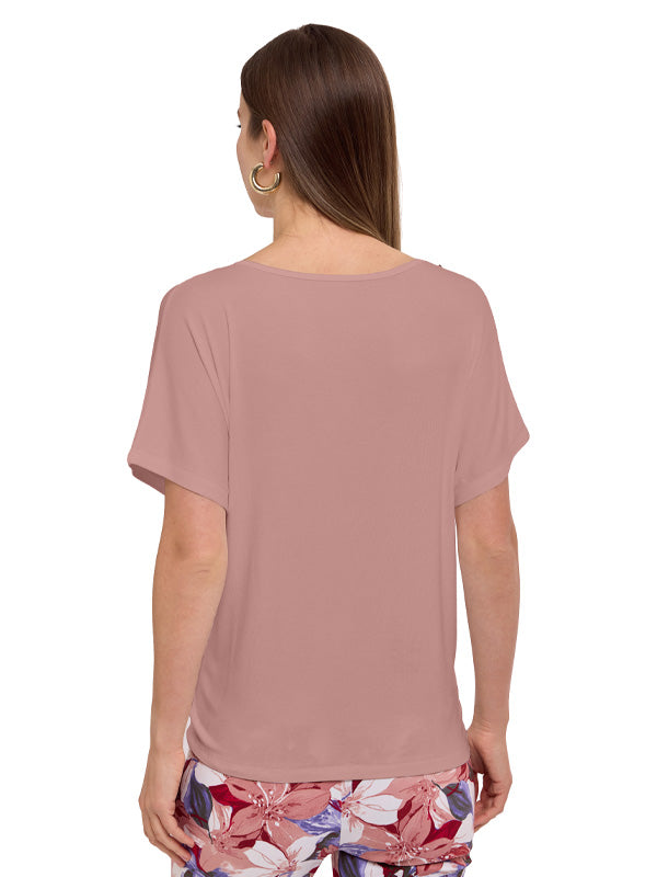 Blusa de Jersey Lisa con Escote V, Manga Corta y Aplicación Decorativa