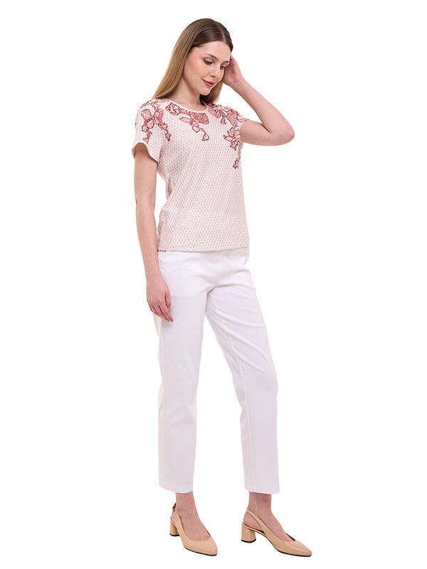 Blusa de Jersey Estampada Floral con Cuello Redondo y Manga Corta