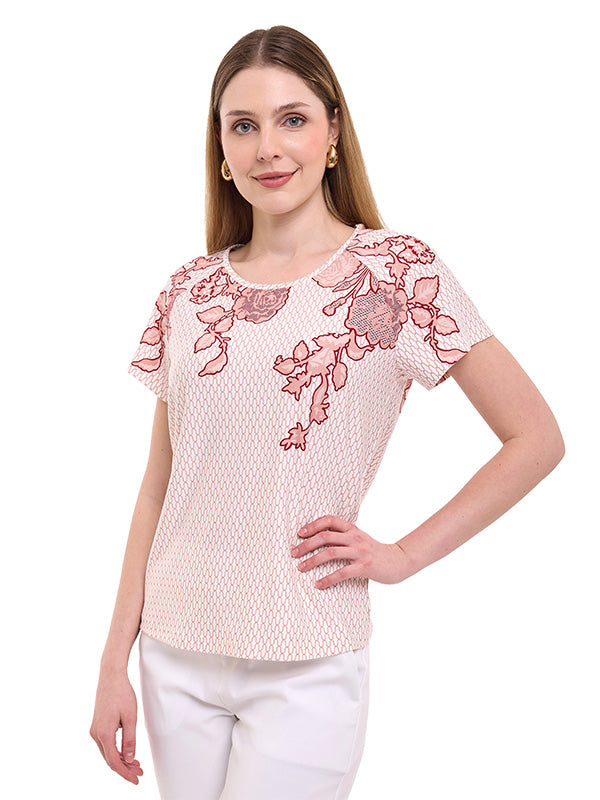 Blusa de Jersey Estampada Floral con Cuello Redondo y Manga Corta