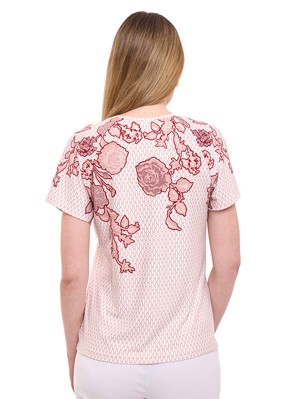 Blusa de Jersey Estampada Floral con Cuello Redondo y Manga Corta