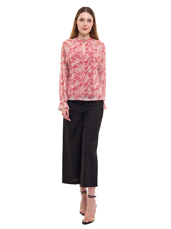 Blusa Mesh Estampado Floral de Manga Larga con Botón