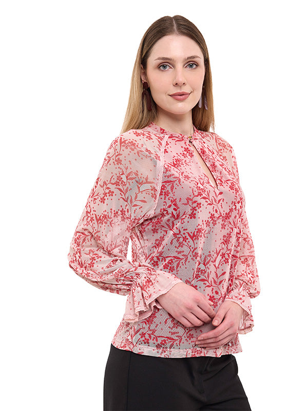Blusa Mesh Estampado Floral de Manga Larga con Botón