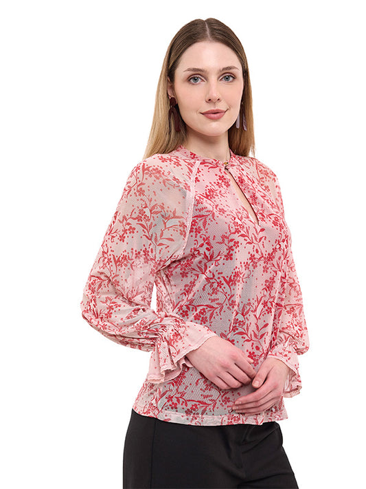 Blusa Mesh Estampado Floral de Manga Larga con Botón