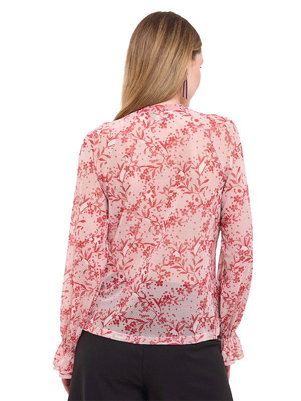 Blusa Mesh Estampado Floral de Manga Larga con Botón