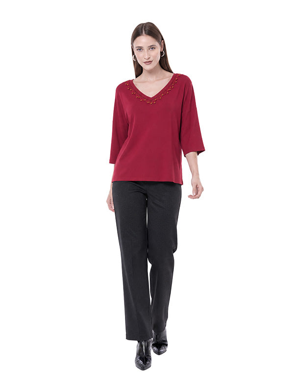 Blusa de Jersey Lisa con Cuello V y Manga 3/4