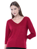 Blusa de Jersey Lisa con Cuello V y Manga 3/4