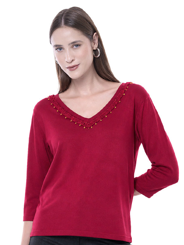 Blusa de Jersey Lisa con Cuello V y Manga 3/4