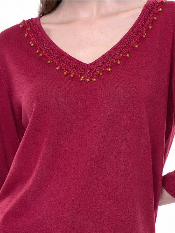 Blusa de Jersey Lisa con Cuello V y Manga 3/4