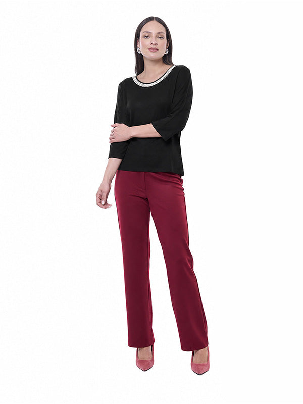 Blusa de Jersey Lisa con Cuello Redondo y Manga 3/4