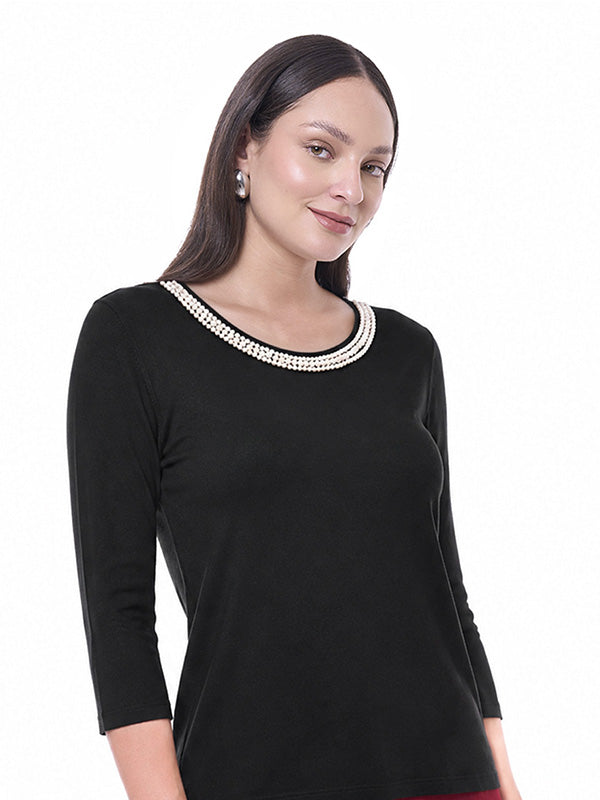 Blusa de Jersey Lisa con Cuello Redondo y Manga 3/4