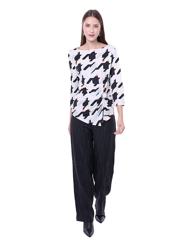 Blusa de Jersey para Dama Pata de Gallo Escote Ojal Manga 3/4 con Hebilla