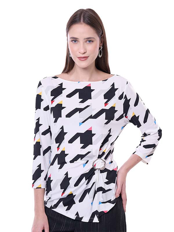 Blusa de Jersey para Dama Pata de Gallo Escote Ojal Manga 3/4 con Hebilla