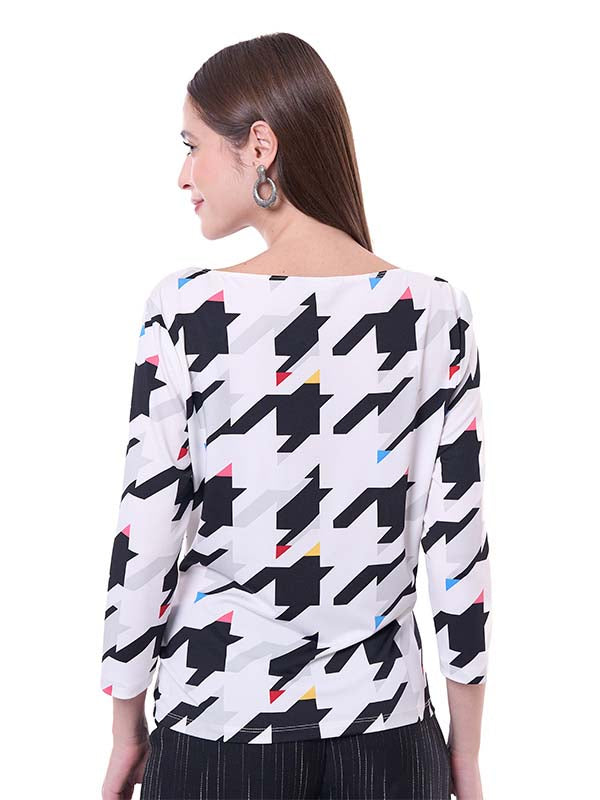 Blusa de Jersey para Dama Pata de Gallo Escote Ojal Manga 3/4 con Hebilla