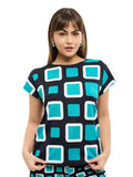Blusa de Jersey Estampada de Cuadros con Cuello Redondo