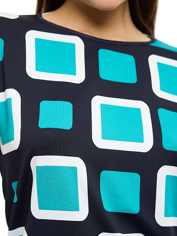 Blusa de Jersey Estampada de Cuadros con Cuello Redondo