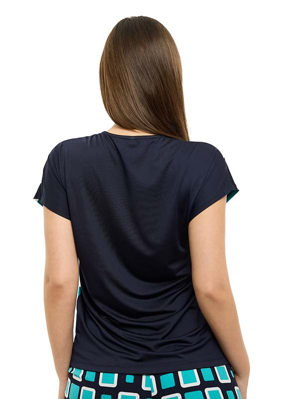 Blusa de Jersey Estampada de Cuadros con Cuello Redondo