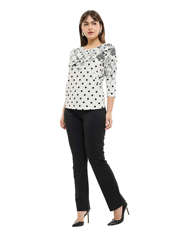Blusa de Jersey Estampada con Lunares y Cenefa Floral de Manga 3/4