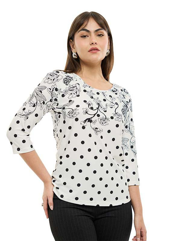 Blusa de Jersey Estampada con Lunares y Cenefa Floral de Manga 3/4