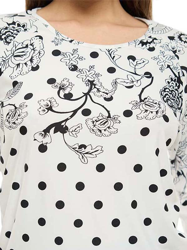 Blusa de Jersey Estampada con Lunares y Cenefa Floral de Manga 3/4