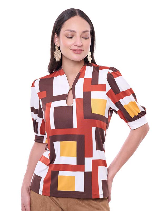 Blusa de Jersey para Dama Estampado Geométrico Cuello con Gota Manga Corta