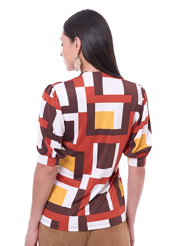 Blusa de Jersey para Dama Estampado Geométrico Cuello con Gota Manga Corta