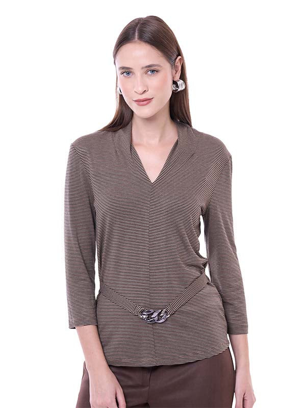 Blusa de Jersey Estampado a Rayas con Cuello V y Manga 3/4