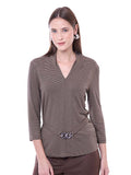 Blusa de Jersey Estampado a Rayas con Cuello V y Manga 3/4