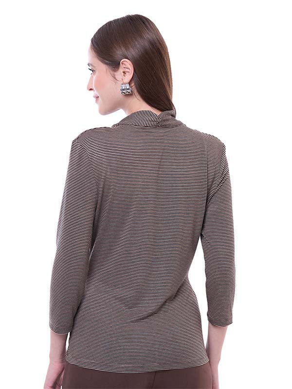 Blusa de Jersey Estampado a Rayas con Cuello V y Manga 3/4