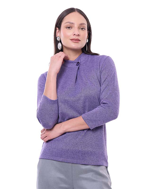 Blusa de Jersey para Dama Lisa Cuello Alto Manga Larga con Botón