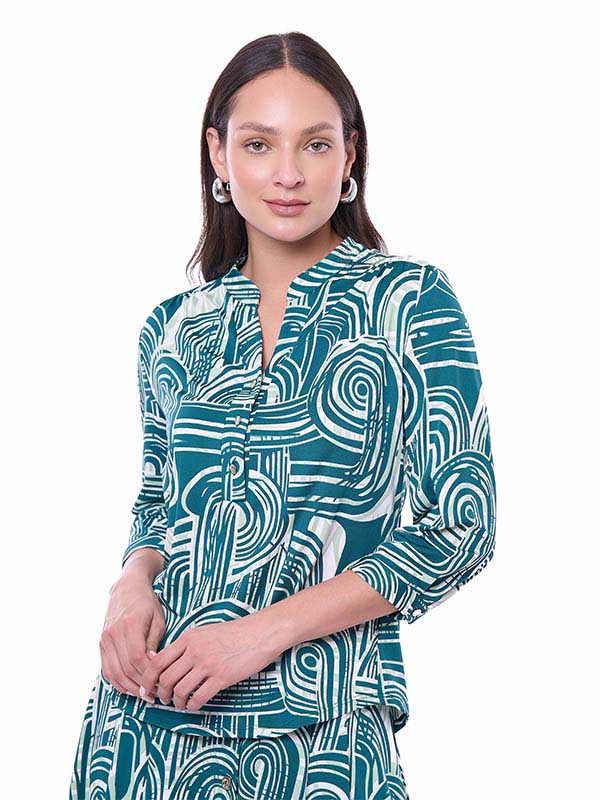 Blusa de Jersey para Dama Estampado Geométrico Cuello Redondo Manga 3/4