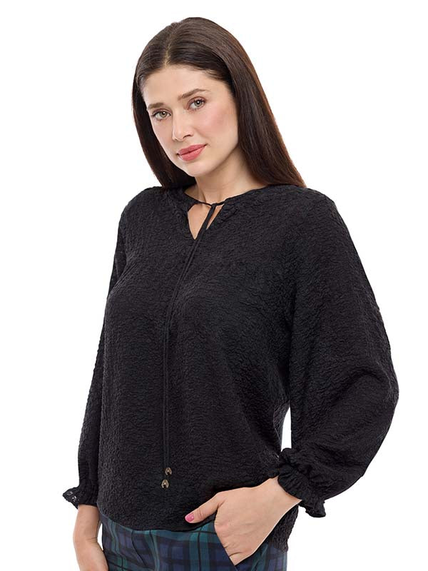 Blusa de Tejido de Fantasía Lisa con Jareta al Frente
