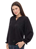 Blusa de Tejido de Fantasía Lisa con Jareta al Frente