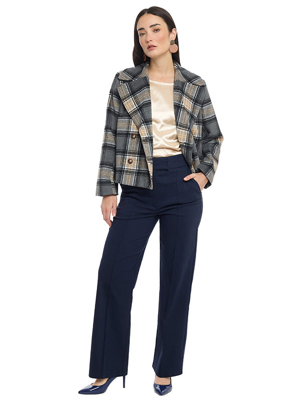 Abrigo Corto Estampado a Cuadros con Doble Cruce