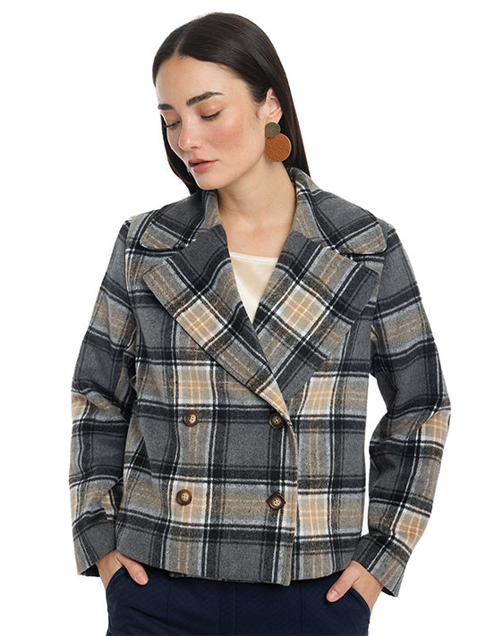 Abrigo Corto Estampado a Cuadros con Doble Cruce