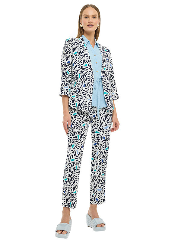 Saco de lino con estampado multiformas, manga 3/4 y broche italiano