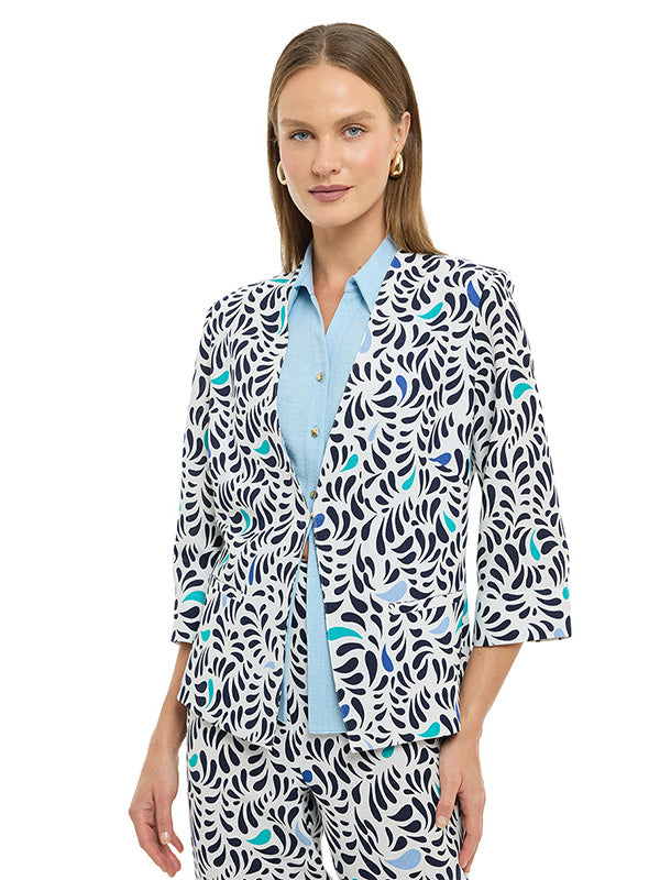 Saco de lino con estampado multiformas, manga 3/4 y broche italiano