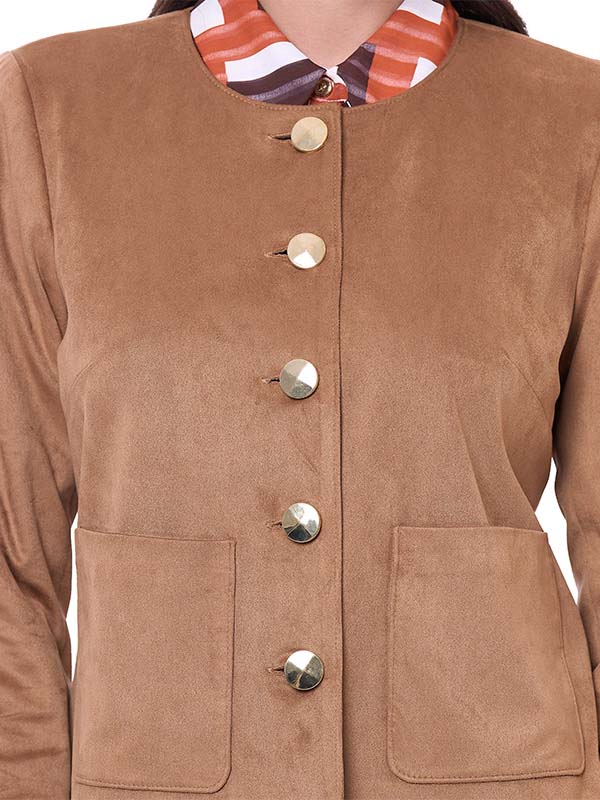 Saco de Suede para Dama Liso Corte Recto Manga Larga con Bolsas