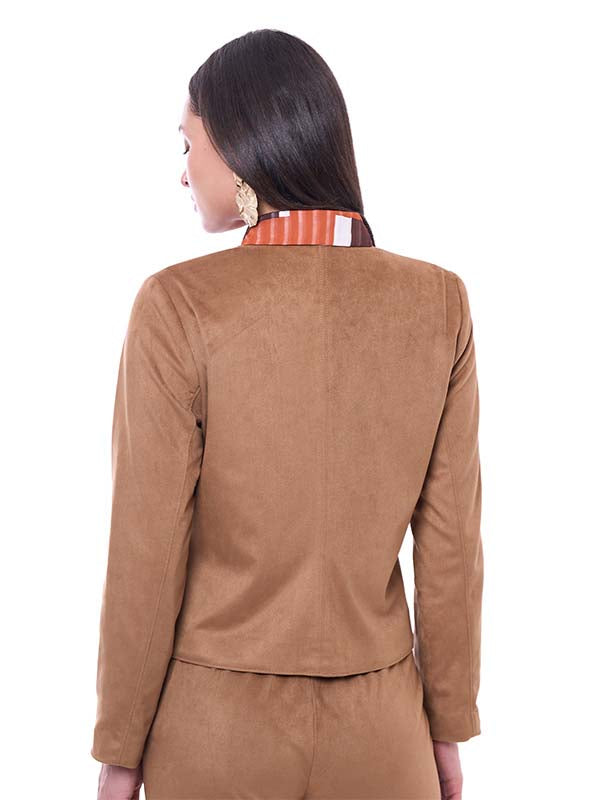 Saco de Suede para Dama Liso Corte Recto Manga Larga con Bolsas