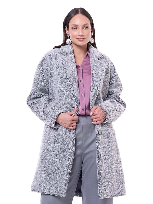 Abrigo de Bouclé para Dama Liso con Solapa Manga Larga y Botones