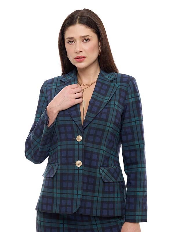 Saco de Bengalina Estampado Escocés con Botones