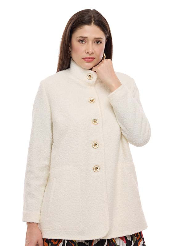 Abrigo de Bouclé Liso con Cuello Alto y Botones