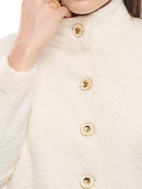 Abrigo de Bouclé Liso con Cuello Alto y Botones