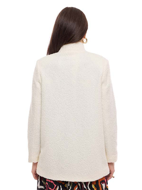 Abrigo de Bouclé Liso con Cuello Alto y Botones